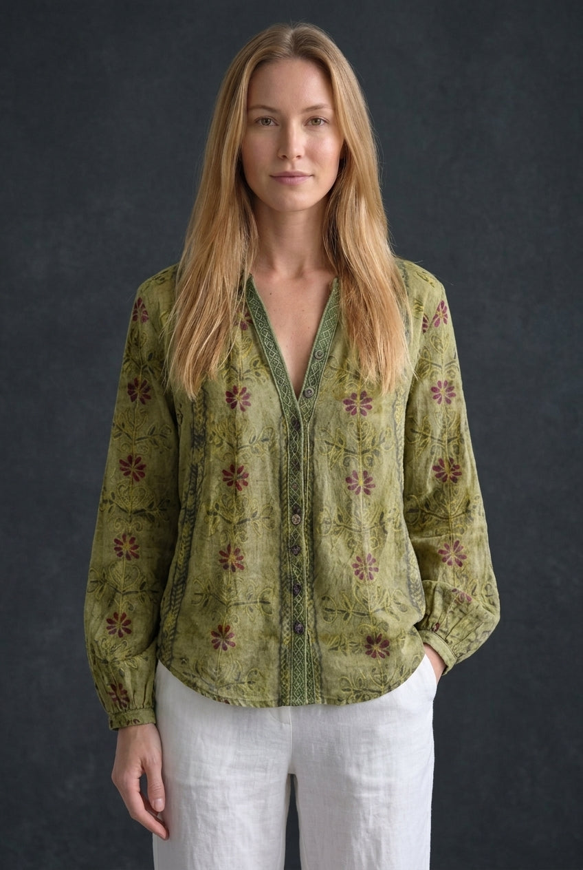 Elegant Vintage Leaf Print Shirt for Women, Lightweight Button-Down Draped Fit, for Work, Casual, Date Night & Everyday 
