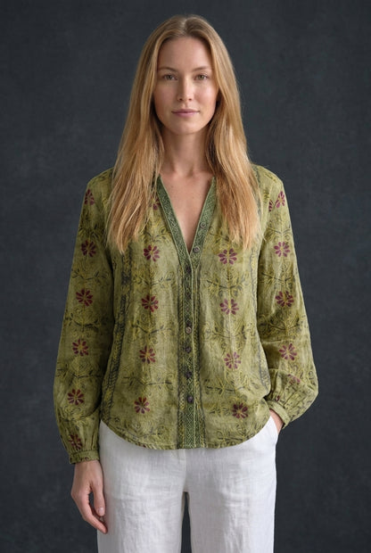 Elegant Vintage Leaf Print Shirt for Women, Lightweight Button-Down Draped Fit, for Work, Casual, Date Night & Everyday 
