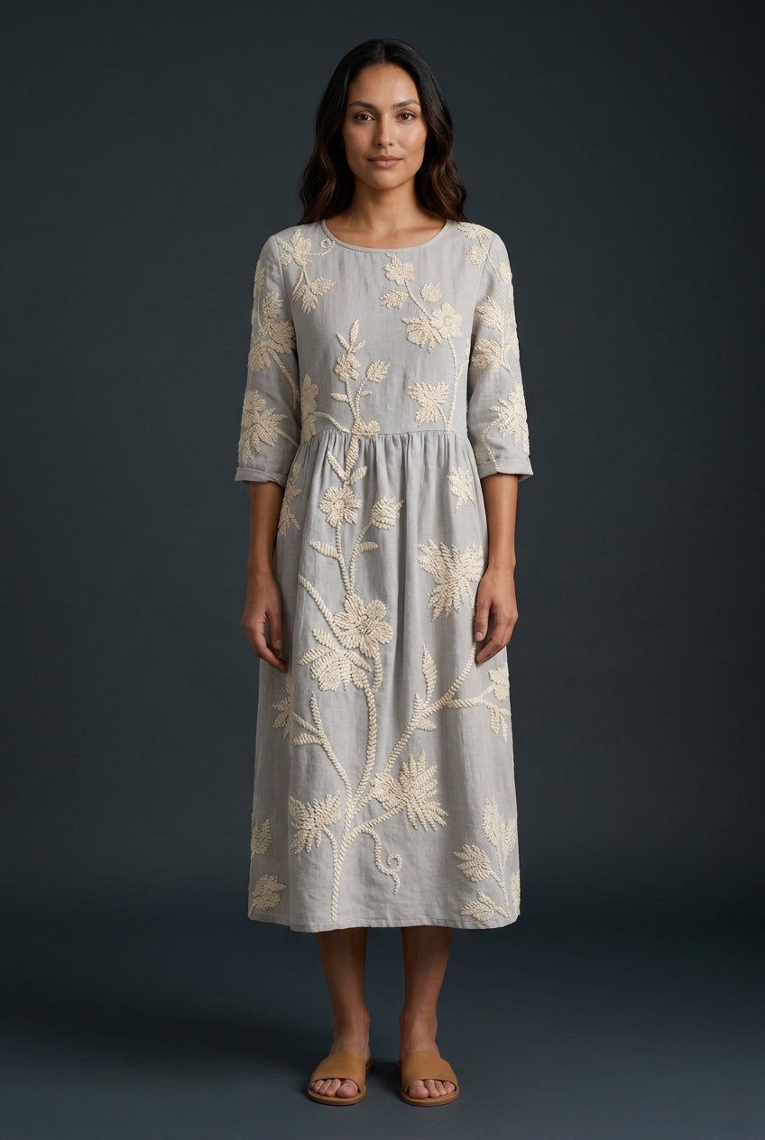 Elegant Floral Midi Dress for Women, Round Neck Linen-Cotton Blend with Embroidered Details, for Summer, Garden Events &