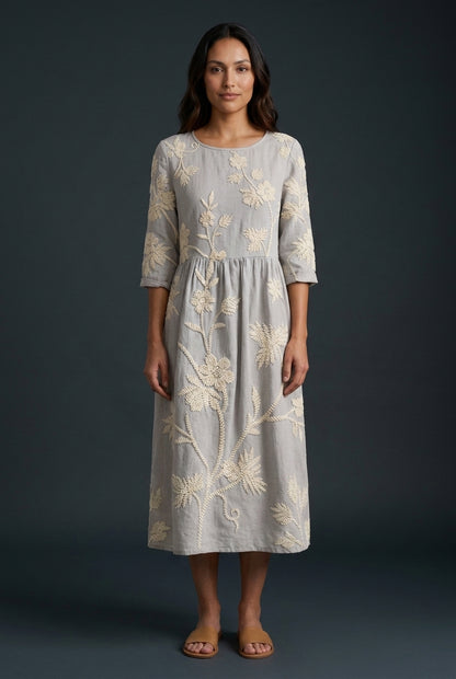 Elegant Floral Midi Dress for Women, Round Neck Linen-Cotton Blend with Embroidered Details, for Summer, Garden Events &