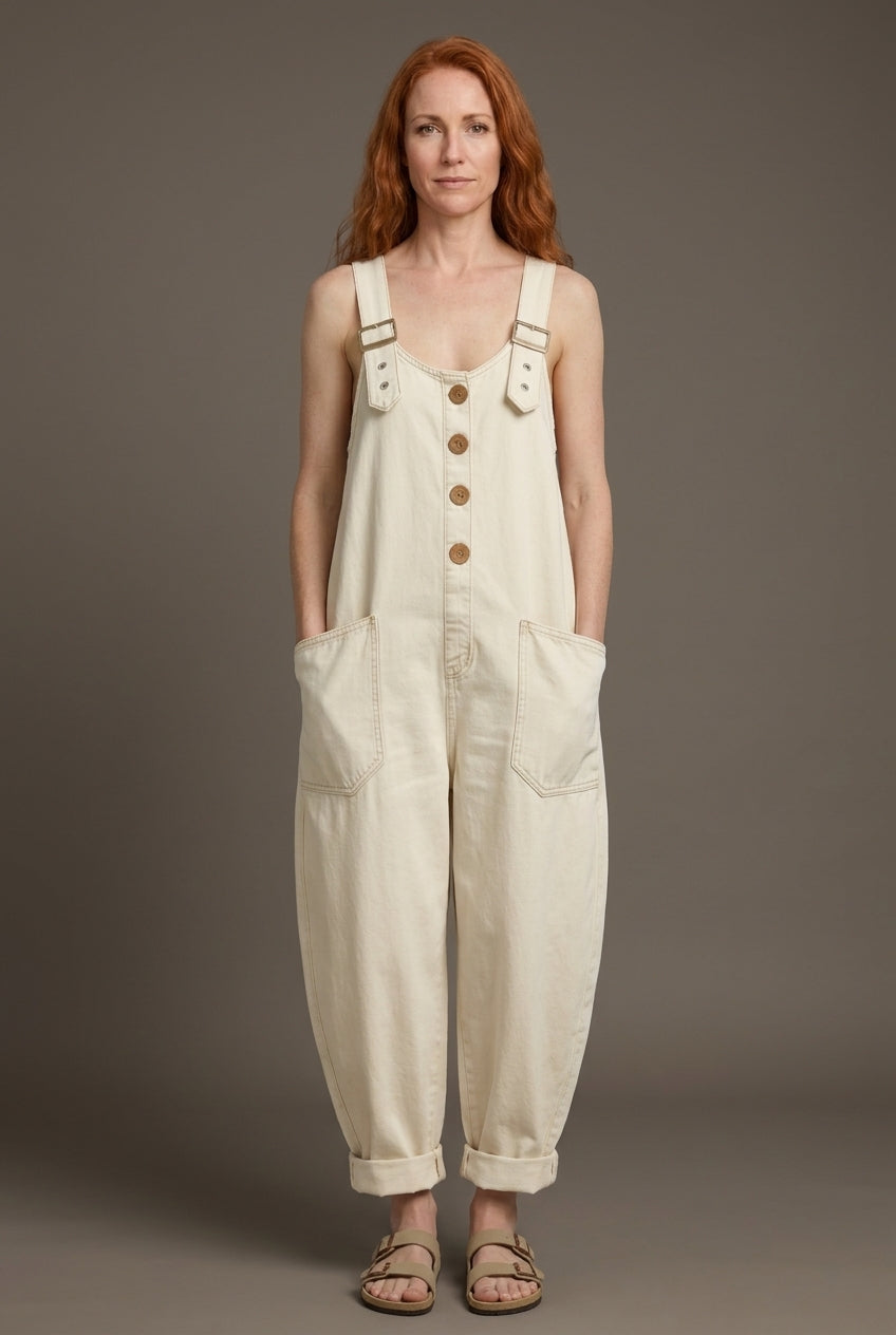 Relaxed Denim Jumpsuit for Women, Soft Long-Sleeve Wide-Leg with Pockets, for Weekend, Casual & Everyday Wear