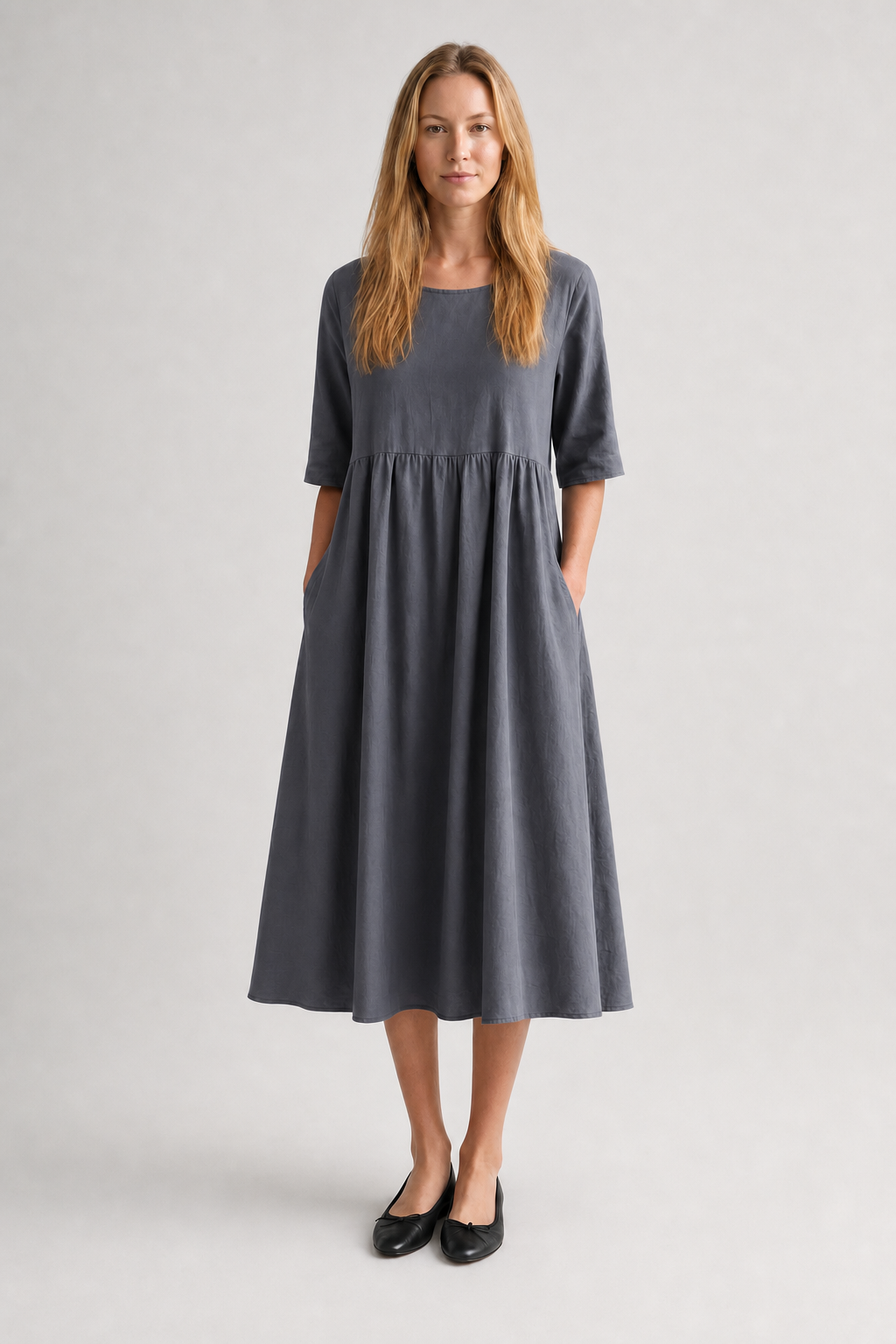 Nola | Women's Linen Gathered Waist Half-Sleeve Midi Dress