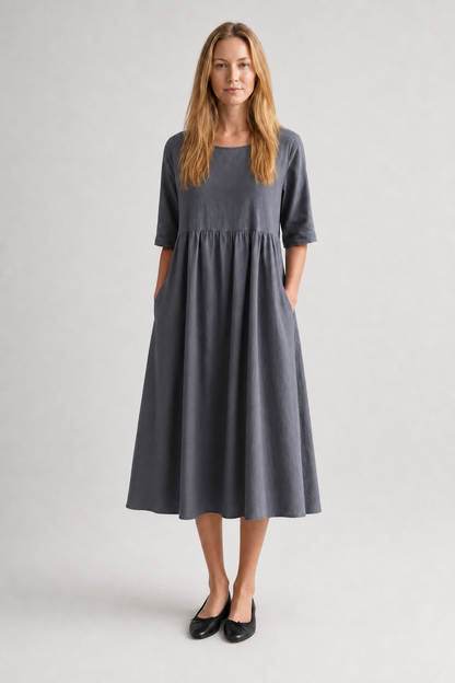 Nola | Women's Linen Gathered Waist Half-Sleeve Midi Dress