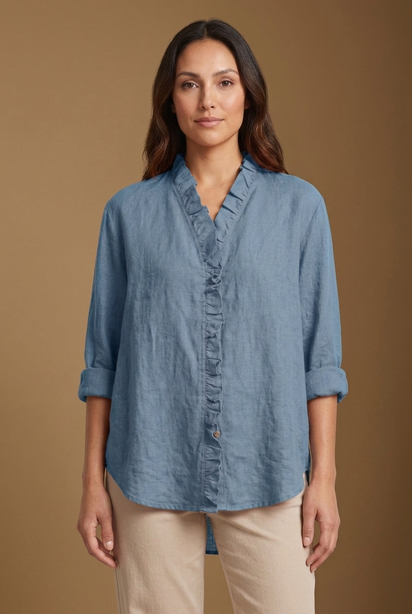 Casual Ruffle V-Neck Blouse for Women, Cotton-Linen Blend Lightweight Relaxed Fit, for Everyday Wear, Office & Smart-Cas