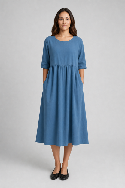 Nola | Women's Linen Gathered Waist Half-Sleeve Midi Dress