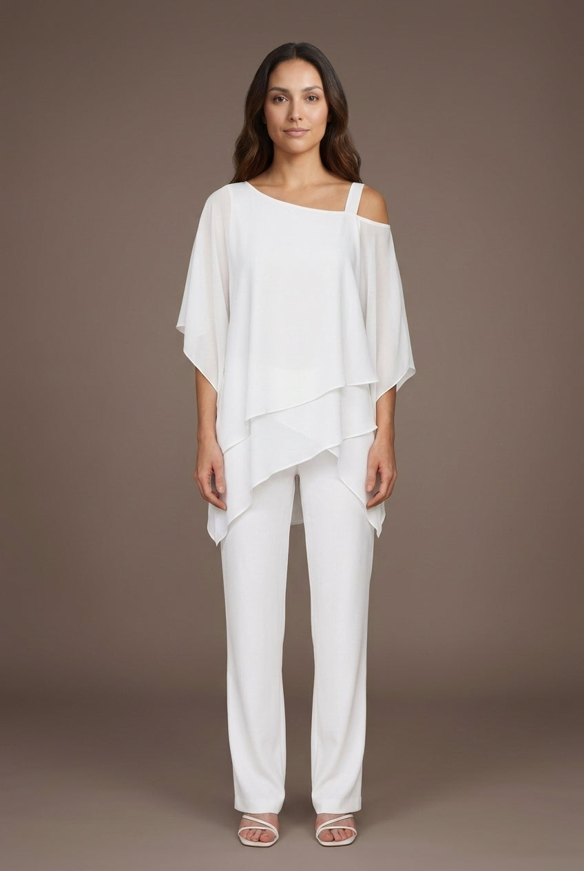 Elegant Two-Piece Layered Set for Women, Soft Flowing Lightweight Relaxed Silhouette Wide-Leg Pants, for Weddings, Dinne