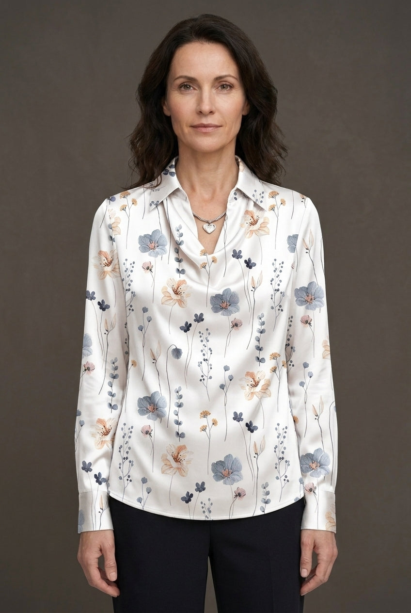 Elegant Draped Neckline Satin Blouse for Women, Long-Sleeve Tailored with Collar Detail, for Work, Office, Evening & Eve