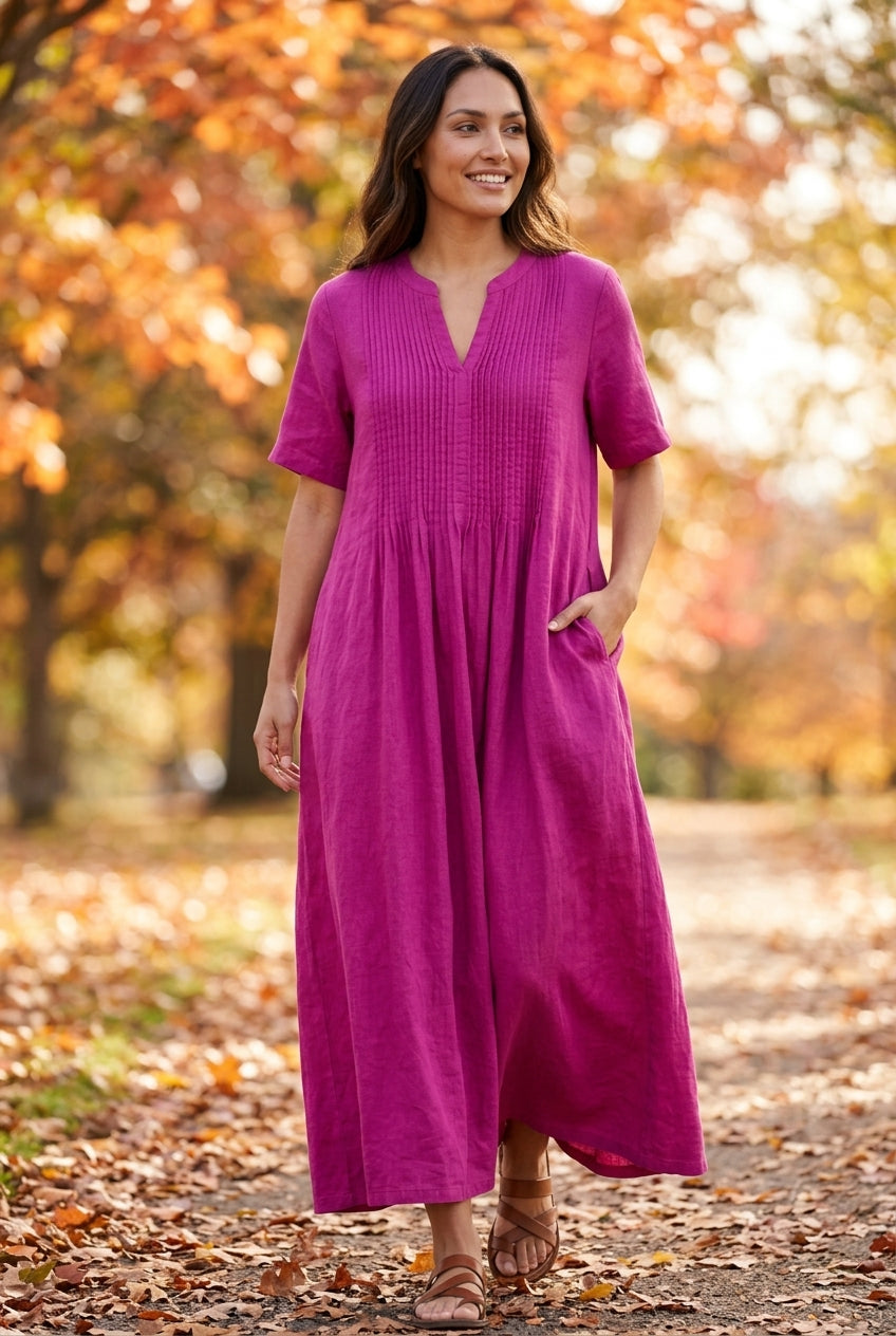 Elegant V-Neck Midi Dress for Women, Pleated Mid-Sleeve Flowing Silhouette, for Summer, Dinners, Celebrations & Everyday