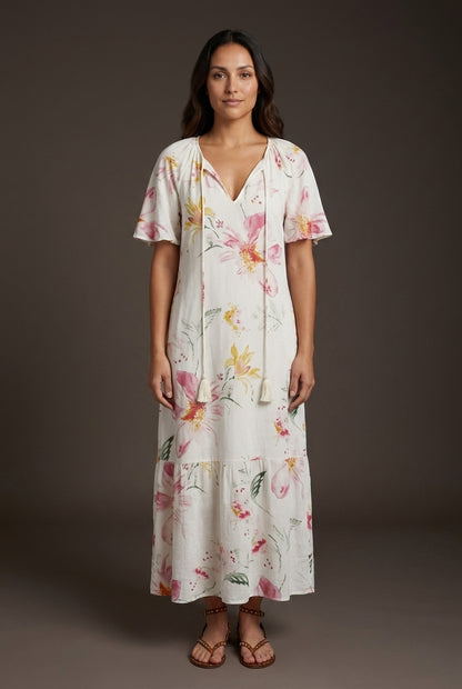Boho V-Neck Summer Dress for Women, Flowing Vintage-Inspired Pattern Relaxed Fit, for Vacation, Brunch, Date Night & Eve