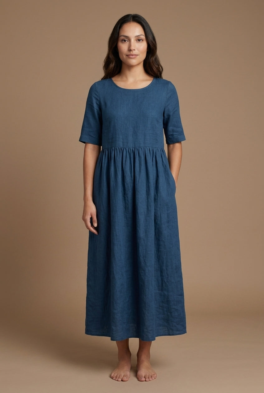 Classic Mid Sleeve Dress for Women, Cotton Relaxed Round Neckline with Pockets, for Spring, Summer & Everyday Wear