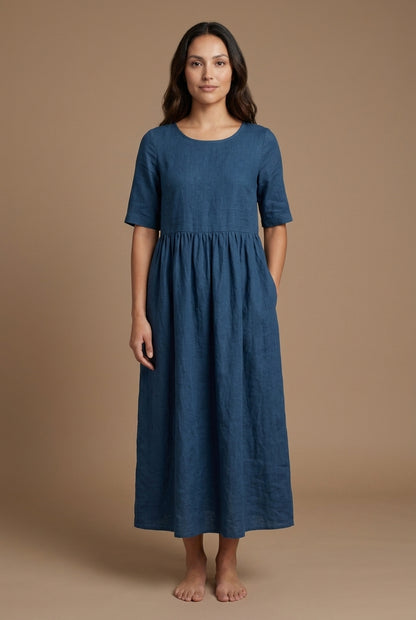 Classic Mid Sleeve Dress for Women, Cotton Relaxed Round Neckline with Pockets, for Spring, Summer & Everyday Wear