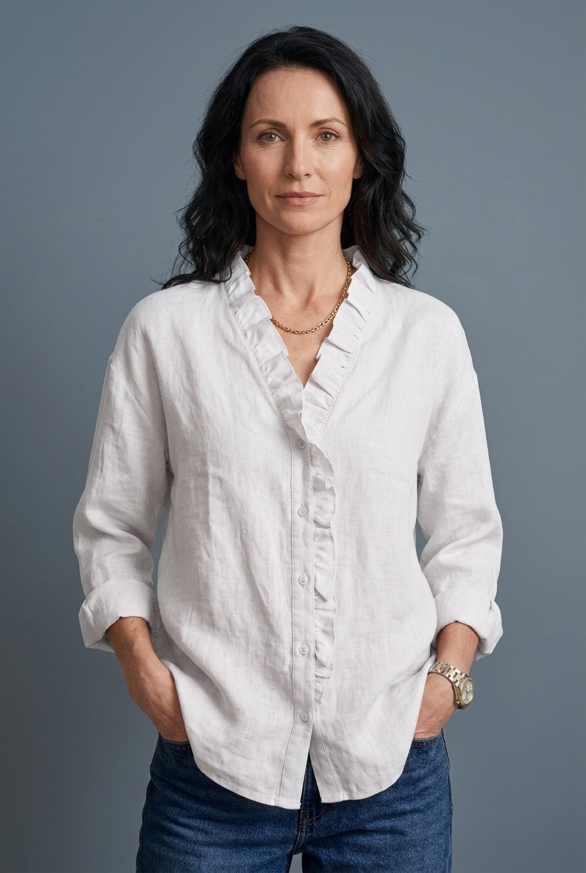 Lightweight V-Neck Blouse for Women, Ruffled Long-Sleeve Relaxed Fit, for Office, Casual & Everyday Wear