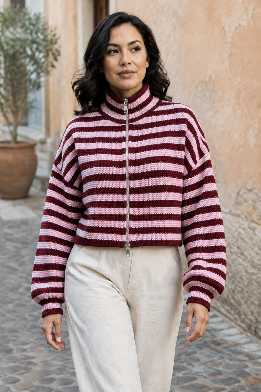 Diva | Striped Turtleneck Zip Cardigan