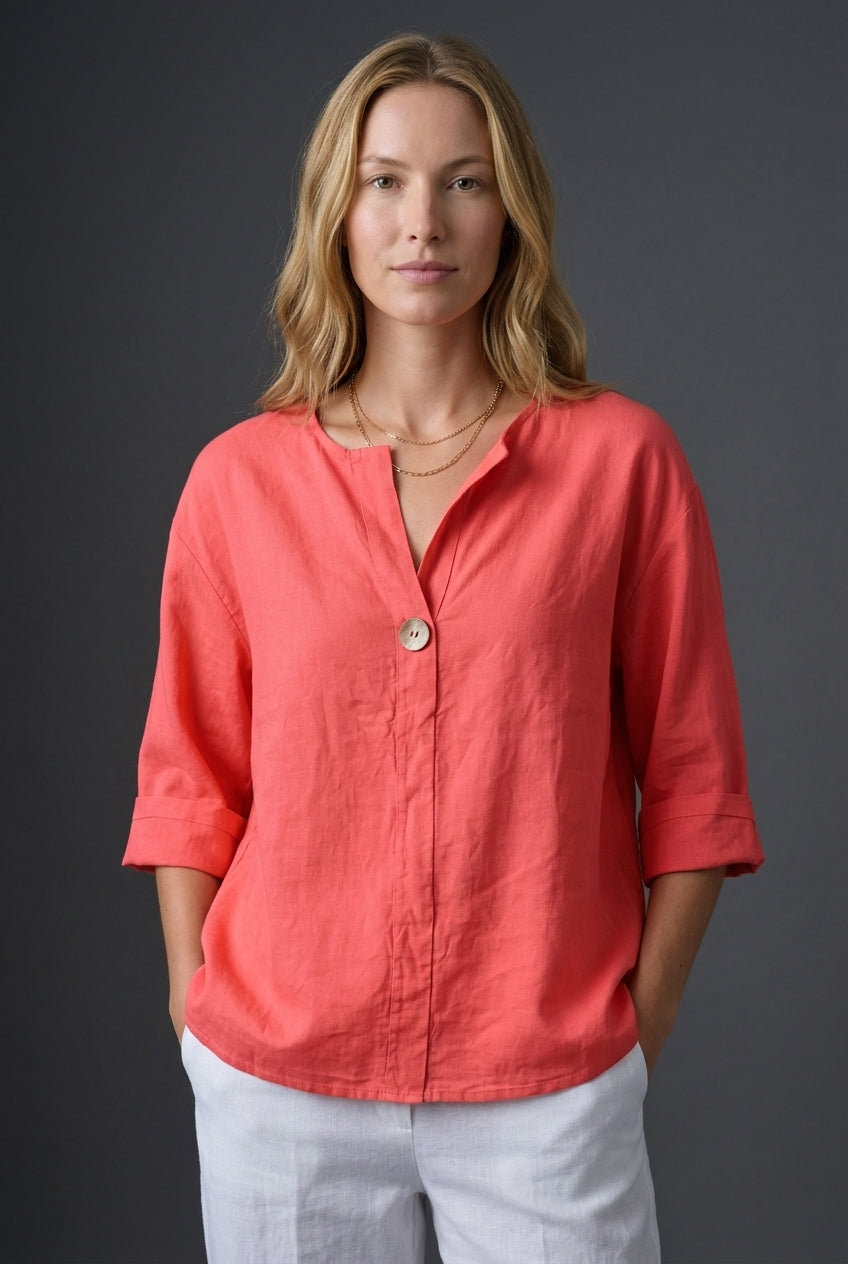 Relaxed Cotton Blouse for Women, 3/4 Sleeve V-Neck Single Button, for Summer, Casual & Everyday Wear