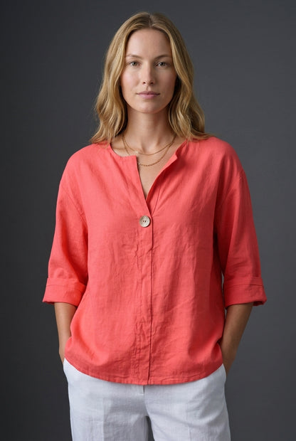 Relaxed Cotton Blouse for Women, 3/4 Sleeve V-Neck Single Button, for Summer, Casual & Everyday Wear