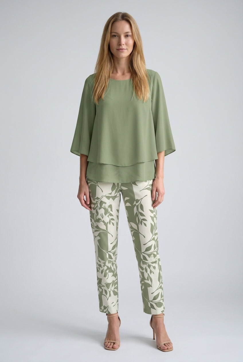 Elegant Green Two-Piece Set: Layered Top & Leaf Print Pants