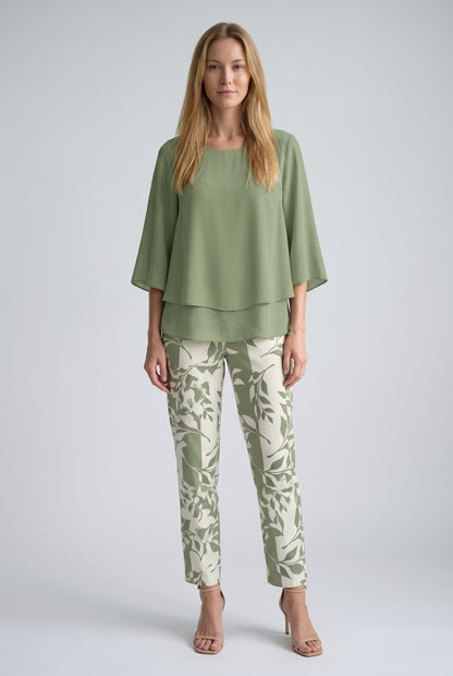Elegant Green Two-Piece Set: Layered Top & Leaf Print Pants