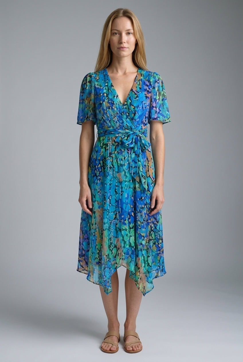 Elegant Printed Dress for Women, Short Sleeve V-Neck Asymmetrical Hem Lightweight, for Weddings, Vacations & Everyday We