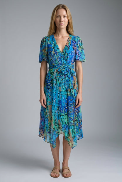Elegant Printed Dress for Women, Short Sleeve V-Neck Asymmetrical Hem Lightweight, for Weddings, Vacations & Everyday We