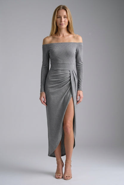 Elegant Off-Shoulder Dress for Women, Flowing Silhouette with Slit Detail, for Weddings, Evening Events & Special Occasi