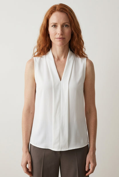 Elegant Sleeveless Pleated Blouse for Women, V-Neck Lightweight Breathable, for Office, Brunch, Evening & Everyday Wear