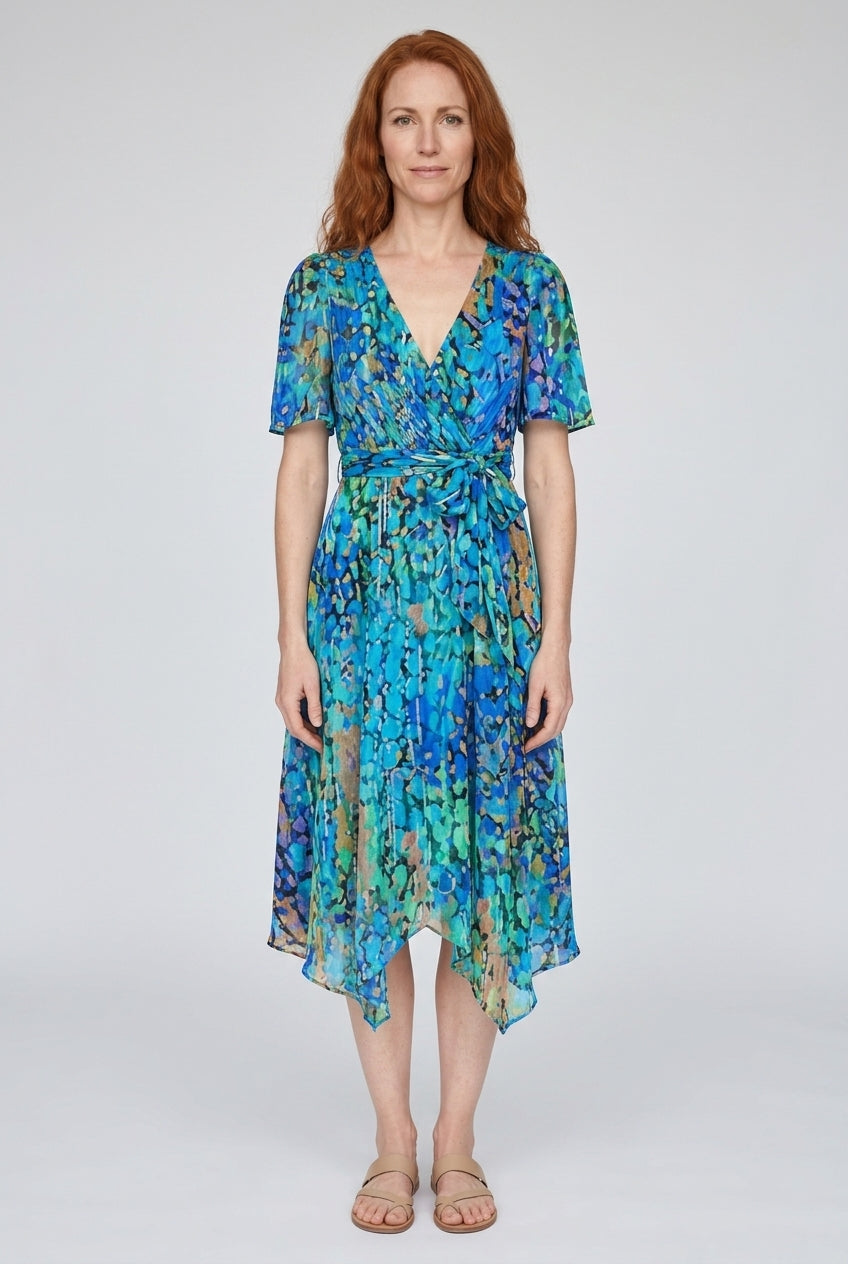 Elegant Printed Dress for Women, Short Sleeve V-Neck Asymmetrical Hem Lightweight, for Weddings, Vacations & Everyday We