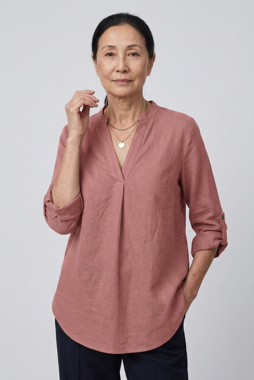 Classic V-Neck Long Sleeve Shirt for Women, Relaxed Tailored Fit Everyday Essential, for Work, Office, Casual & Layering