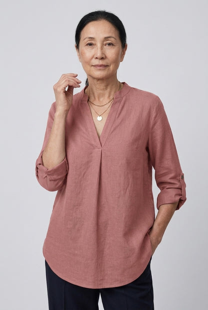 Classic V-Neck Long Sleeve Shirt for Women, Relaxed Tailored Fit Everyday Essential, for Work, Office, Casual & Layering