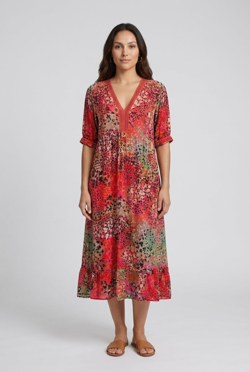 Vibrant Pattern Midi Dress for Women, Flowing Silhouette with Bold Print, for Work, Brunch, Date Night & Everyday Wear