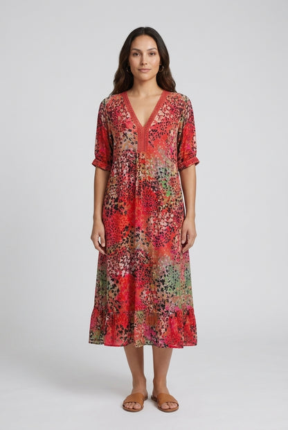 Vibrant Pattern Midi Dress for Women, Flowing Silhouette with Bold Print, for Work, Brunch, Date Night & Everyday Wear