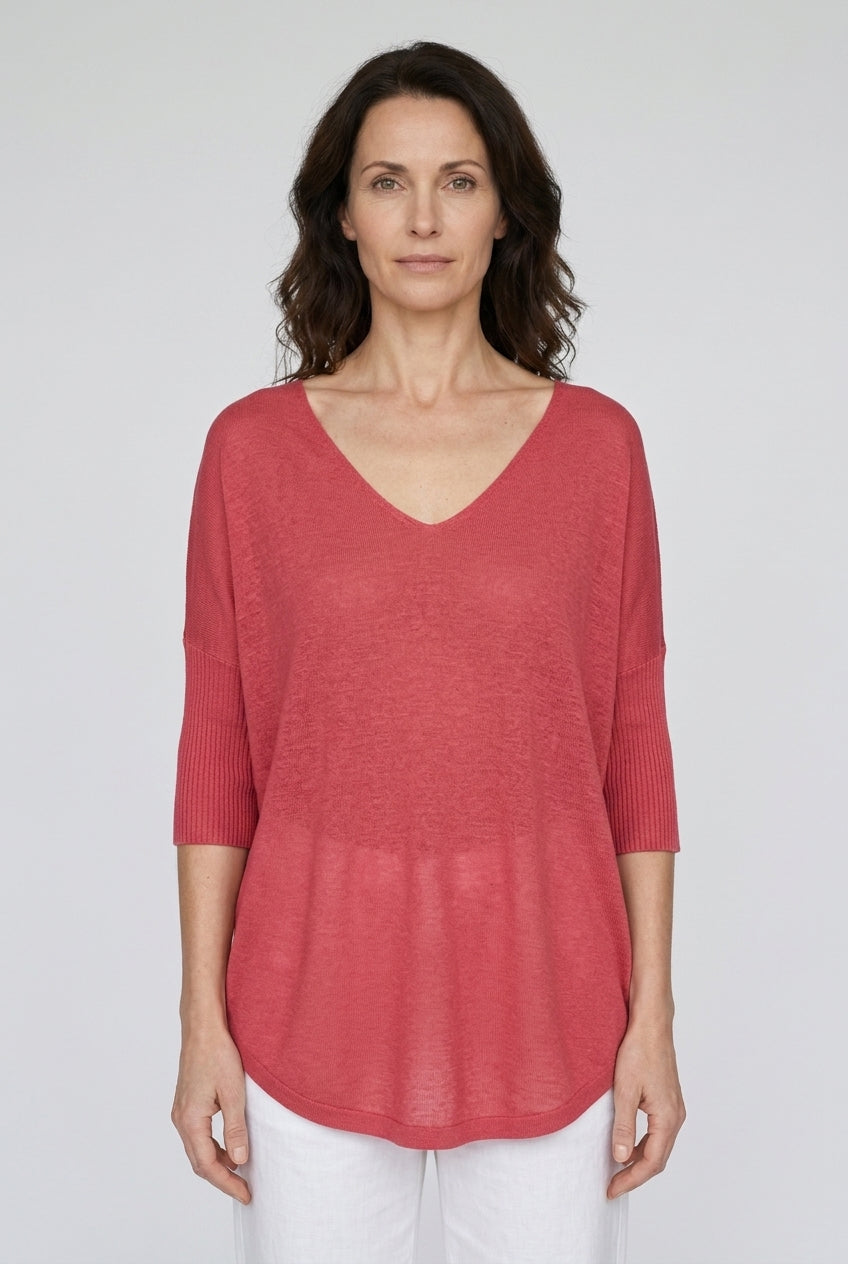 Casual V-Neck 3/4 Sleeve Relaxed Knit Top for Women, Polyester Breathable Plain, for Summer, Everyday & Layering