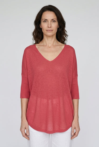 Casual V-Neck 3/4 Sleeve Relaxed Knit Top for Women, Polyester Breathable Plain, for Summer, Everyday & Layering
