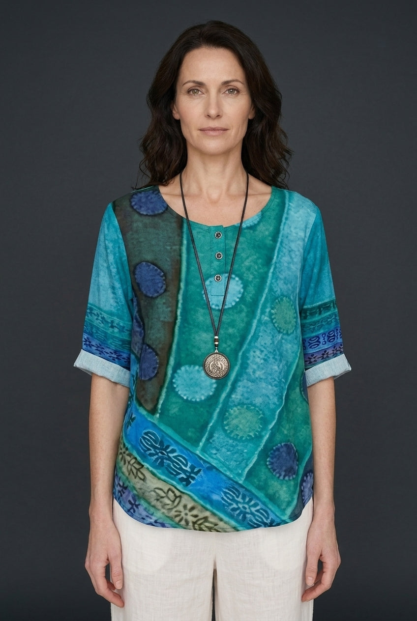 Relaxed Boho Top for Women, Mixed-Print Summer Lightweight, for Casual, Everyday & Vacation Wear