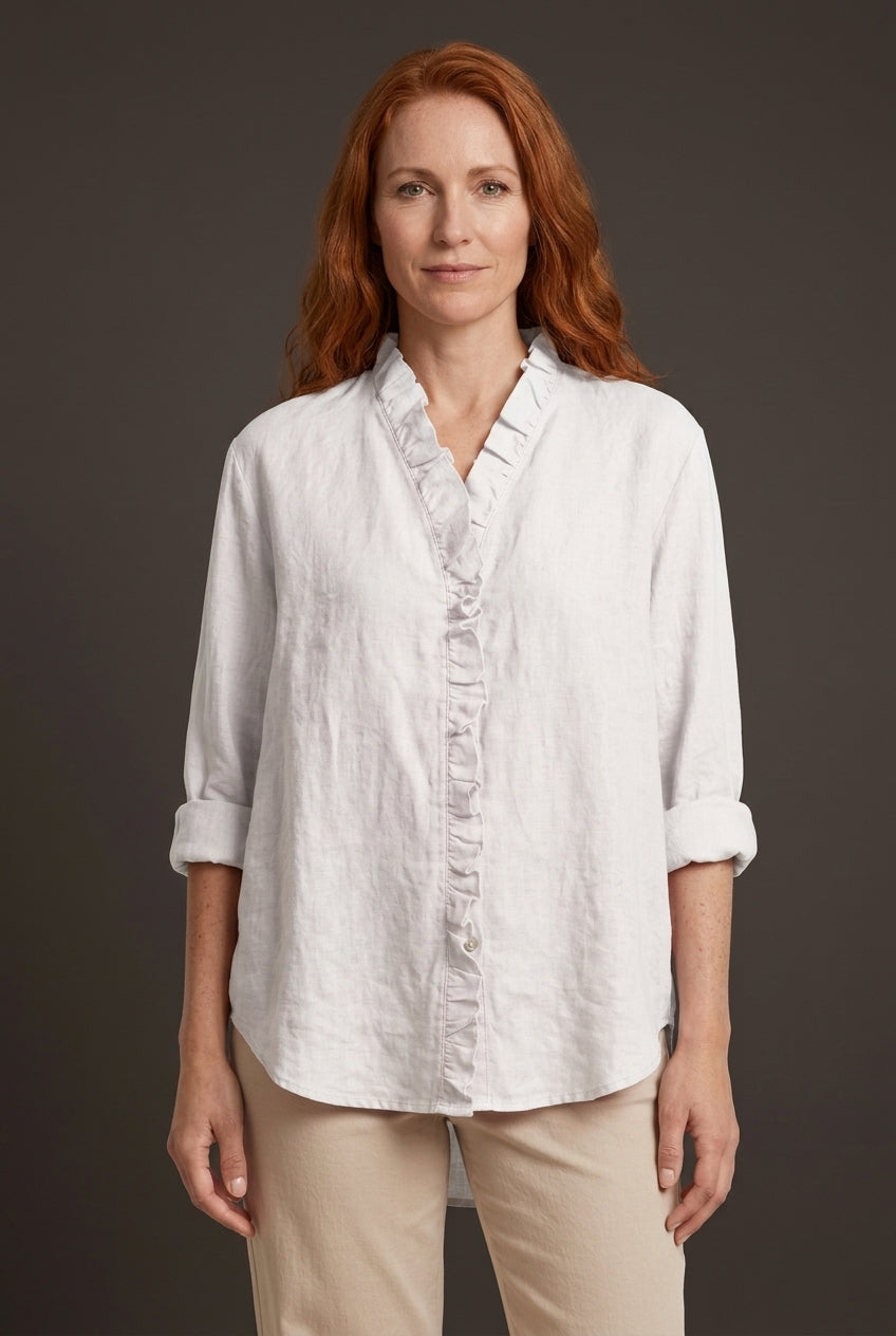 Casual Ruffle V-Neck Blouse for Women, Cotton-Linen Blend Lightweight Relaxed Fit, for Everyday Wear, Office & Smart-Cas