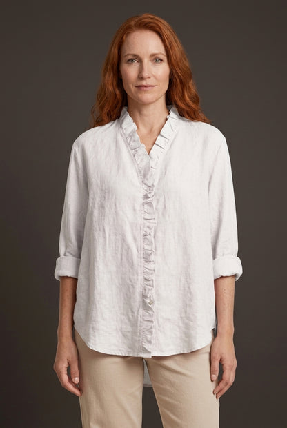 Casual Ruffle V-Neck Blouse for Women, Cotton-Linen Blend Lightweight Relaxed Fit, for Everyday Wear, Office & Smart-Cas