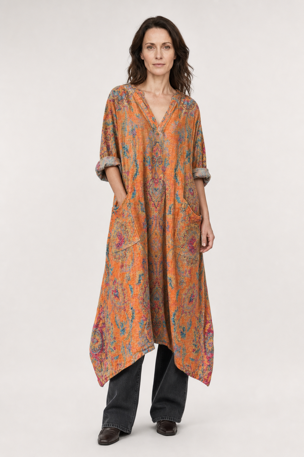 Cleo | Women's Cotton Boho Print Front Pocket Maxi Dress