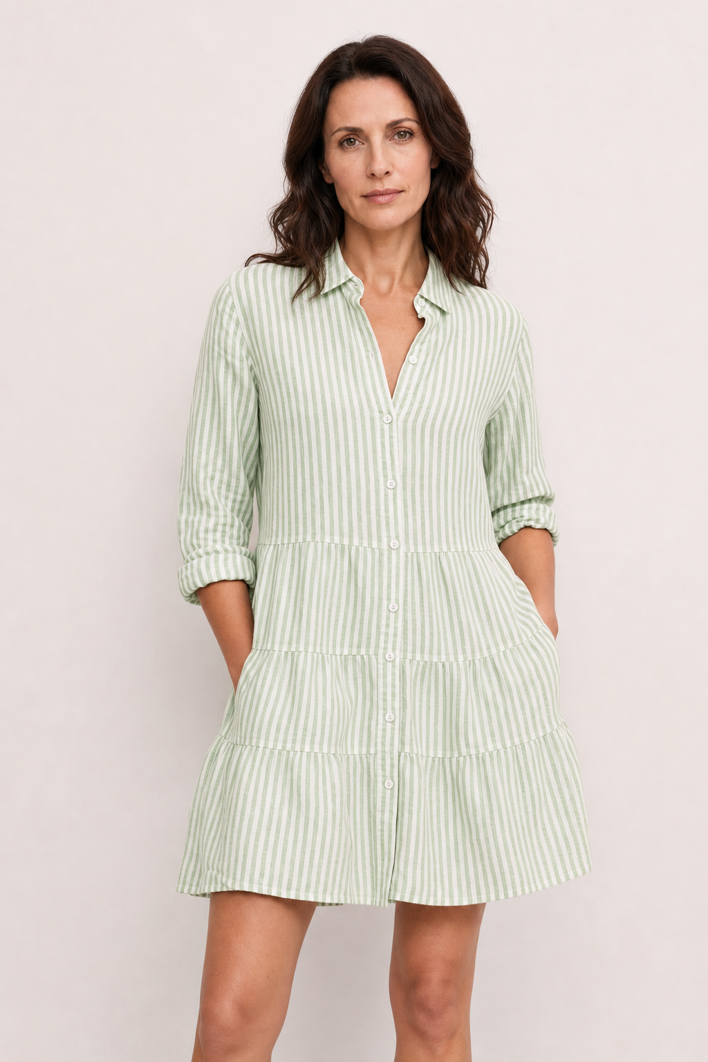 Mira | Women's Linen Striped Collared Tiered Button-Down Dress