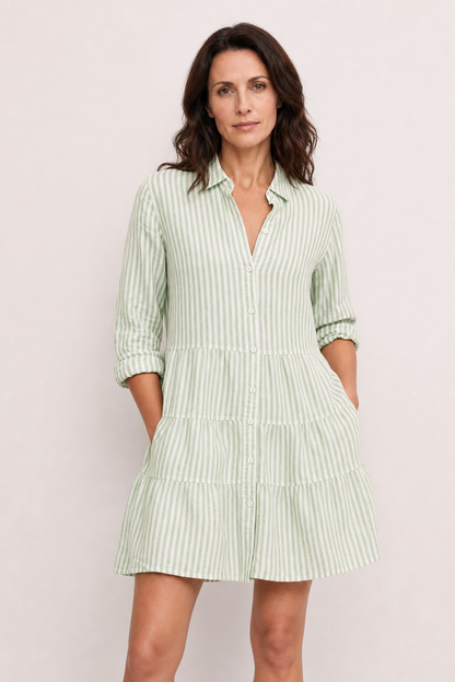 Mira | Women's Linen Striped Collared Tiered Button-Down Dress