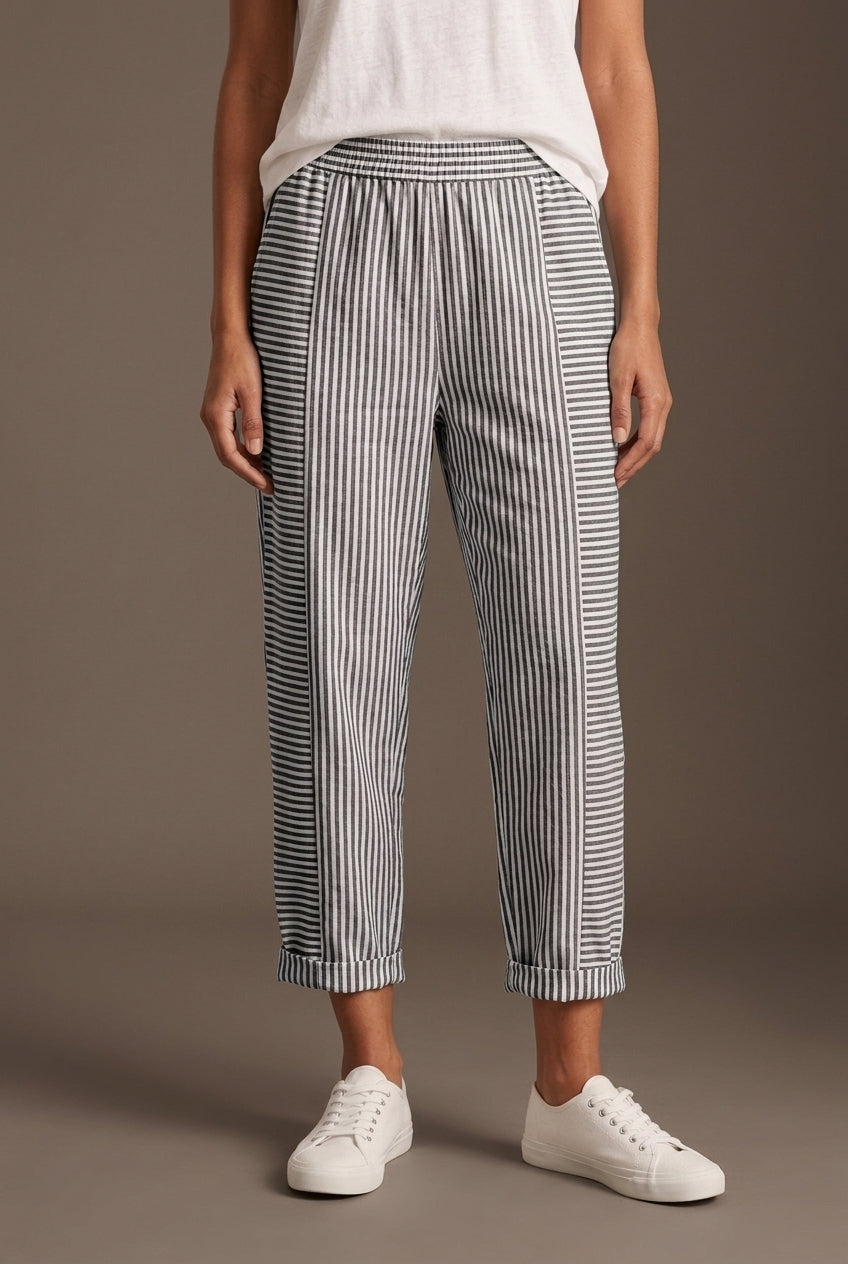 Relaxed Striped Summer Pants for Women, Lightweight Breathable Tapered with Elastic Waistband, for Travel, Casual & Ever