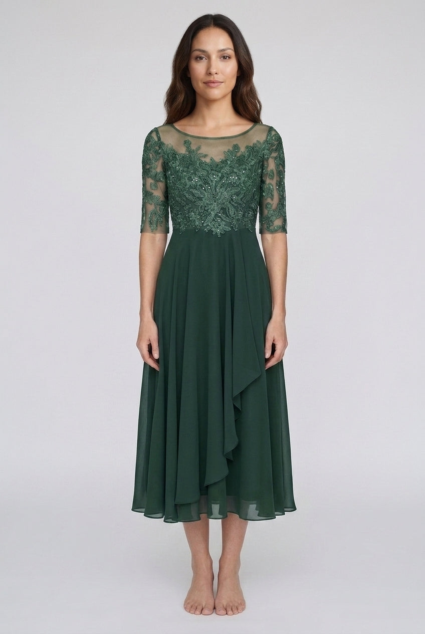 Elegant Evening Dress for Women, Fluid Draped Long-Sleeve Refined Neckline, for Formal Occasions, Dinners & Weddings