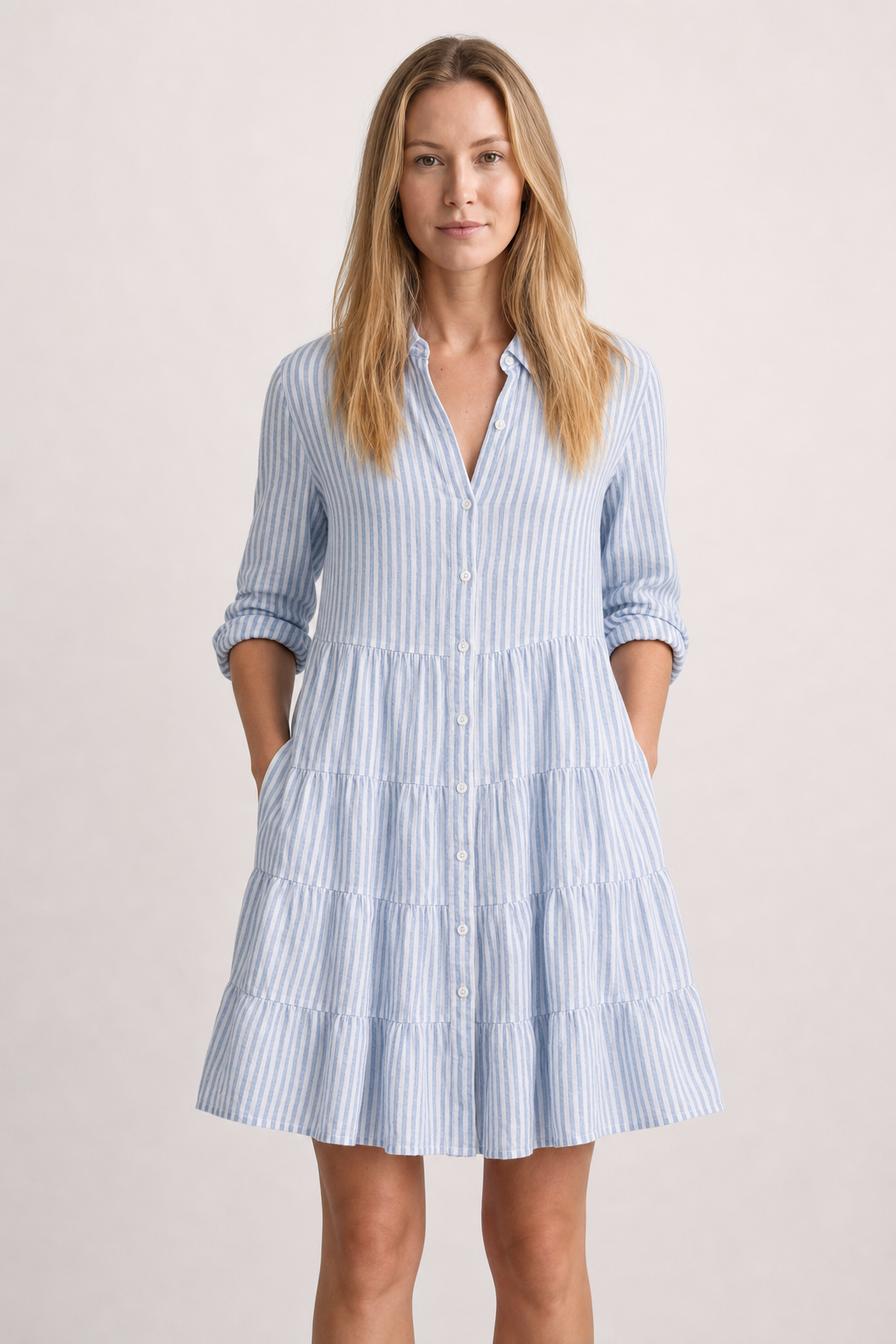 Mira | Women's Linen Striped Collared Tiered Button-Down Dress