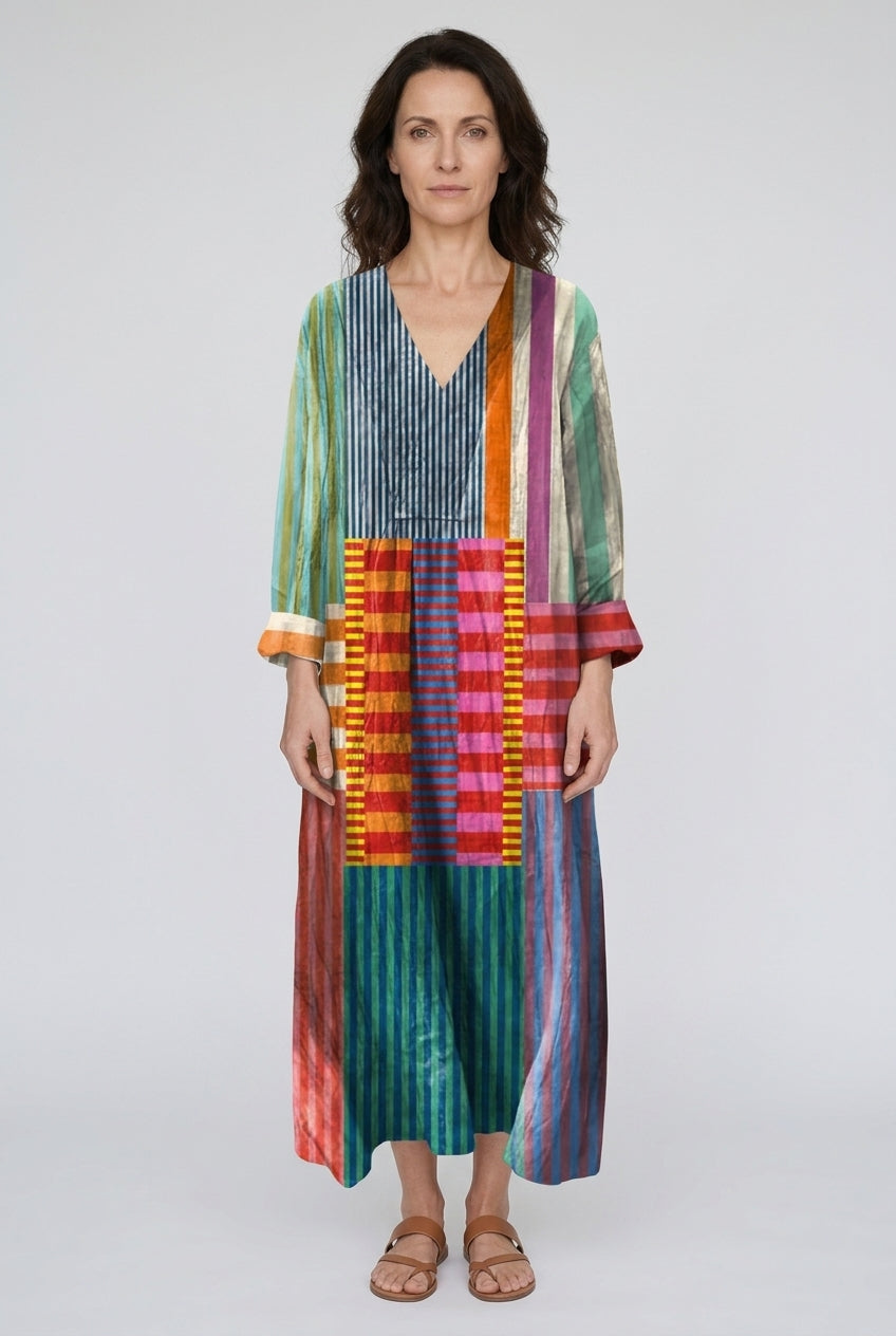 Elegant Geometric Dress for Women, Woven Long-Sleeve Relaxed Fit Midi, for Summer, Vacation & Everyday Wear