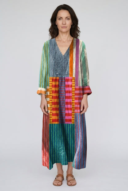 Elegant Geometric Dress for Women, Woven Long-Sleeve Relaxed Fit Midi, for Summer, Vacation & Everyday Wear