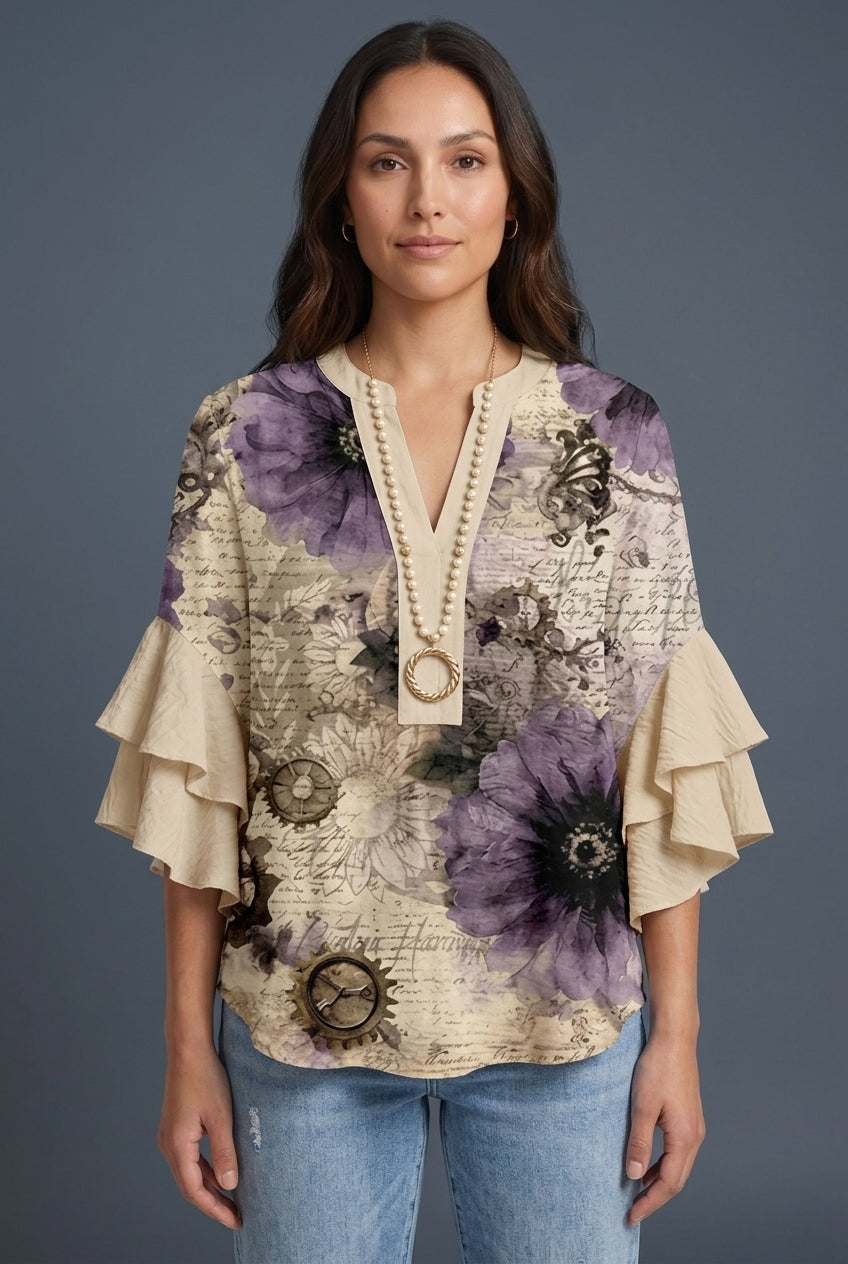 Elegant Ruffle Sleeve Blouse for Women, Floral Print Lightweight Relaxed Fit, for Work, Brunch, Casual & Everyday Wear