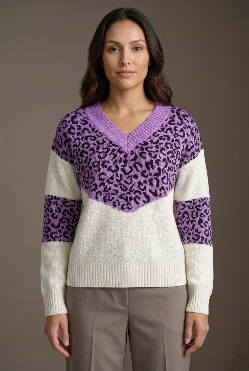 Elegant Leopard Print V-Neck Sweater for Women, Soft Knit Long-Sleeve, for Work, Casual & Evening Wear
