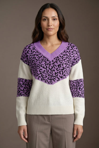Elegant Leopard Print V-Neck Sweater for Women, Soft Knit Long-Sleeve, for Work, Casual & Evening Wear