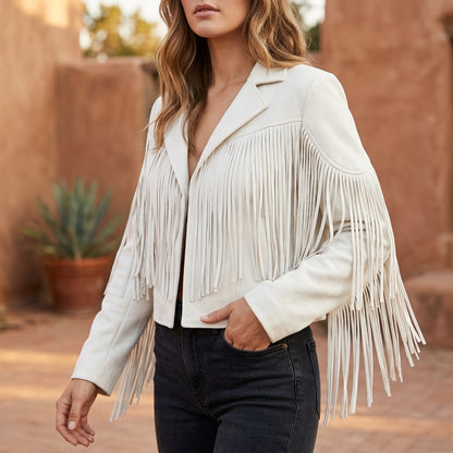 Evelyn | Women's Fringe Suede Cropped Moto Jacket