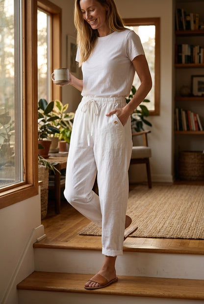 Relaxed Cotton Drawstring Trousers for Women, 100% Cotton Loose-Fit with Side Pockets, for Casual, Beach, Travel & Every