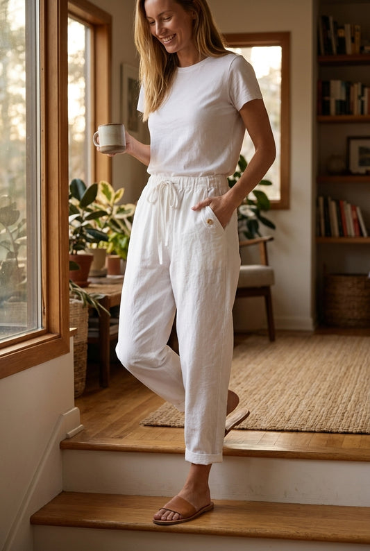 Relaxed Cotton Drawstring Trousers for Women, 100% Cotton Loose-Fit with Side Pockets, for Casual, Beach, Travel & Every
