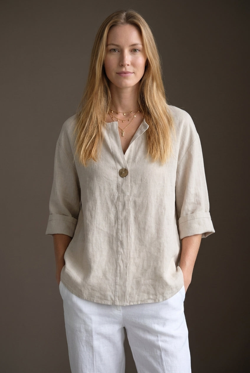 Relaxed Cotton Blouse for Women, 3/4 Sleeve V-Neck Single Button, for Summer, Casual & Everyday Wear